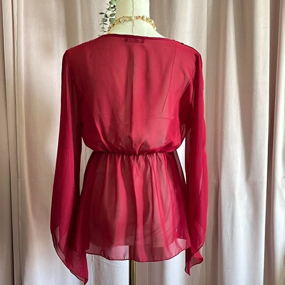 Red Chiffon With Beaded Waist V-Neck Flowy Blouse - Picture 4 of 8